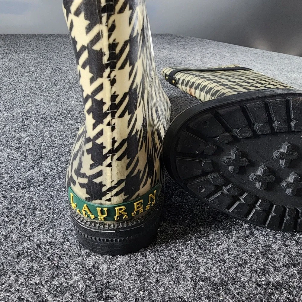 Lauren Ralph Lauren Rossalyn II Houndstooth Rain Boots Black Cream Womens 7 B